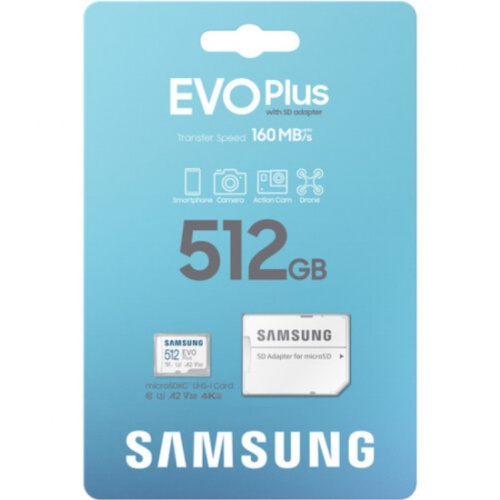 Карта памяти SAMSUNG Evo Plus MB-MC512SA/APC microSDXC 512GB Class 10, UHS-I, A2 V30 U3 (SD адаптер) 160MB/s
