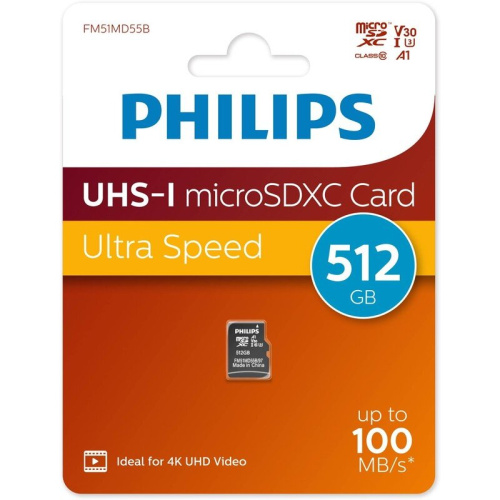 Карта памяти PHILIPS FM51MD55B/97 512GB High Speed microSDHC Class UHS-I U3, V30, A1, 100MB/s