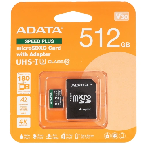 Карта памяти A-DATA UD512GUI3V30A2SP-RA1 microSD 512GB Speed Plus microSDXC Class 10 UHS-I U3 V30S A2 180/160 MB/s (SD адаптер)