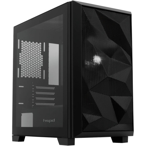 Корпус HSPD M340 (M340-TGBK), без БП, Mesh Mid Tower, Black, TG, 0.5 SPCC, no fans, mATX, mITX, 165/350/200mm, 2x2.5", 4xPCI, 1xUSB-A 3.0