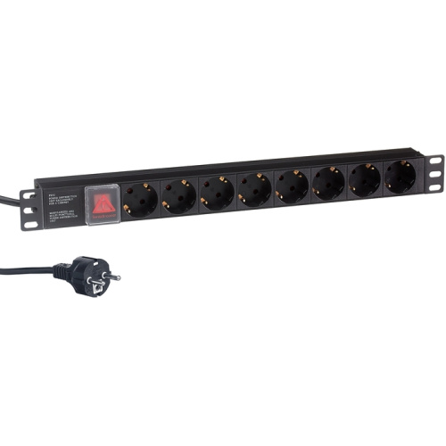 Блок розеток ExeGate ServerPro PDU-19H804 Al-8S-EU2.5CU-SW (EX280843RUS) 19", 1U, Алюминий, 8 Schuko, кабель с евровилкой VDE-250V-16A-3*1.5mm2