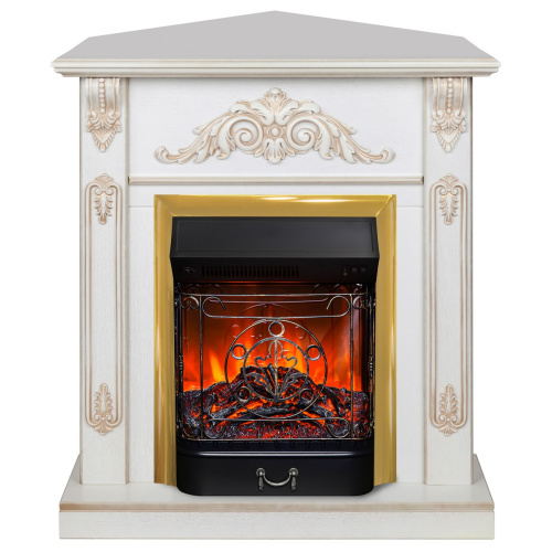 Электрокамин RealFlame Anita Corner WT дуб белый с золотой патиной с очагом Majestic Lux Brass