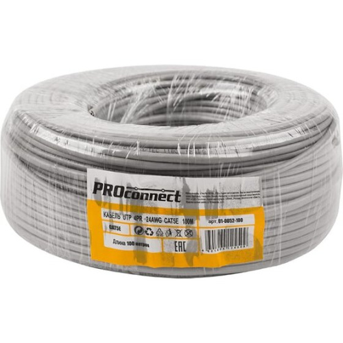 Кабель витая пара PROconnect 01-0052-100 U/UTP, CAT 5e, PVC, 4PR, 24AWG, 100м Indoor, Solid, серый